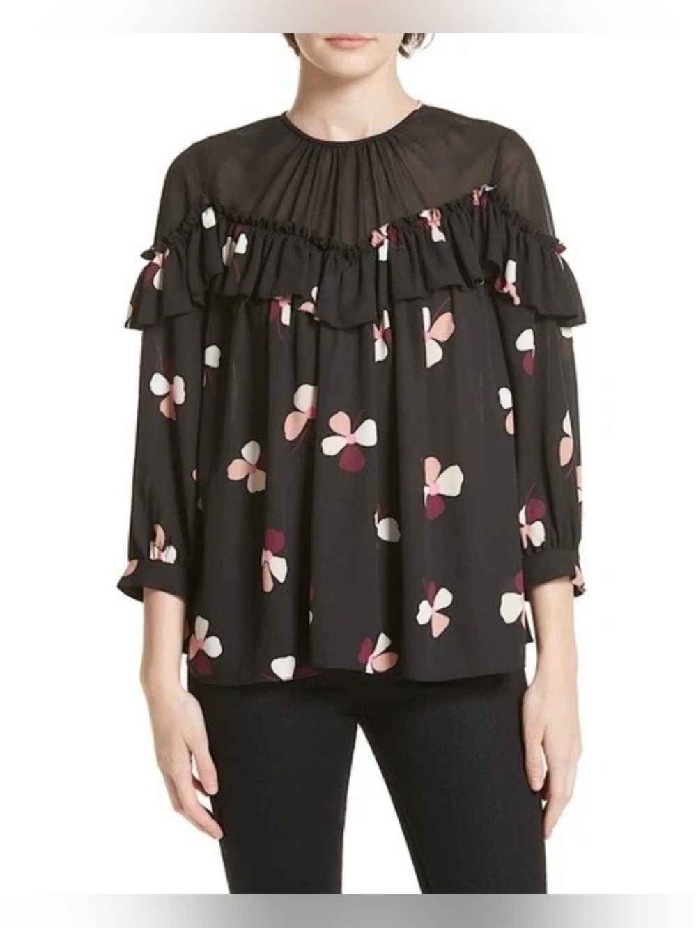 Kate Spade New York Live Colorfully Floral Dusk Buds Ruffle Blouse Size M